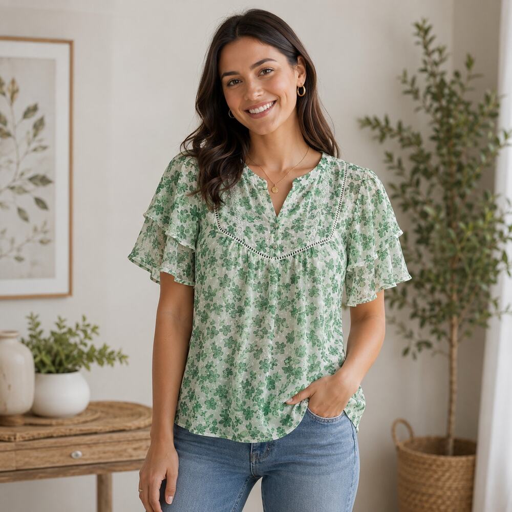 Skies are Blue green floral lined blouse short sleeve cottagecore Small